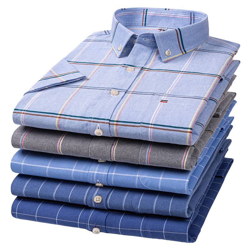 Oxford Cotton Casual Shirt Business - 남성용 반팔 격자 무늬 줄무늬 단색