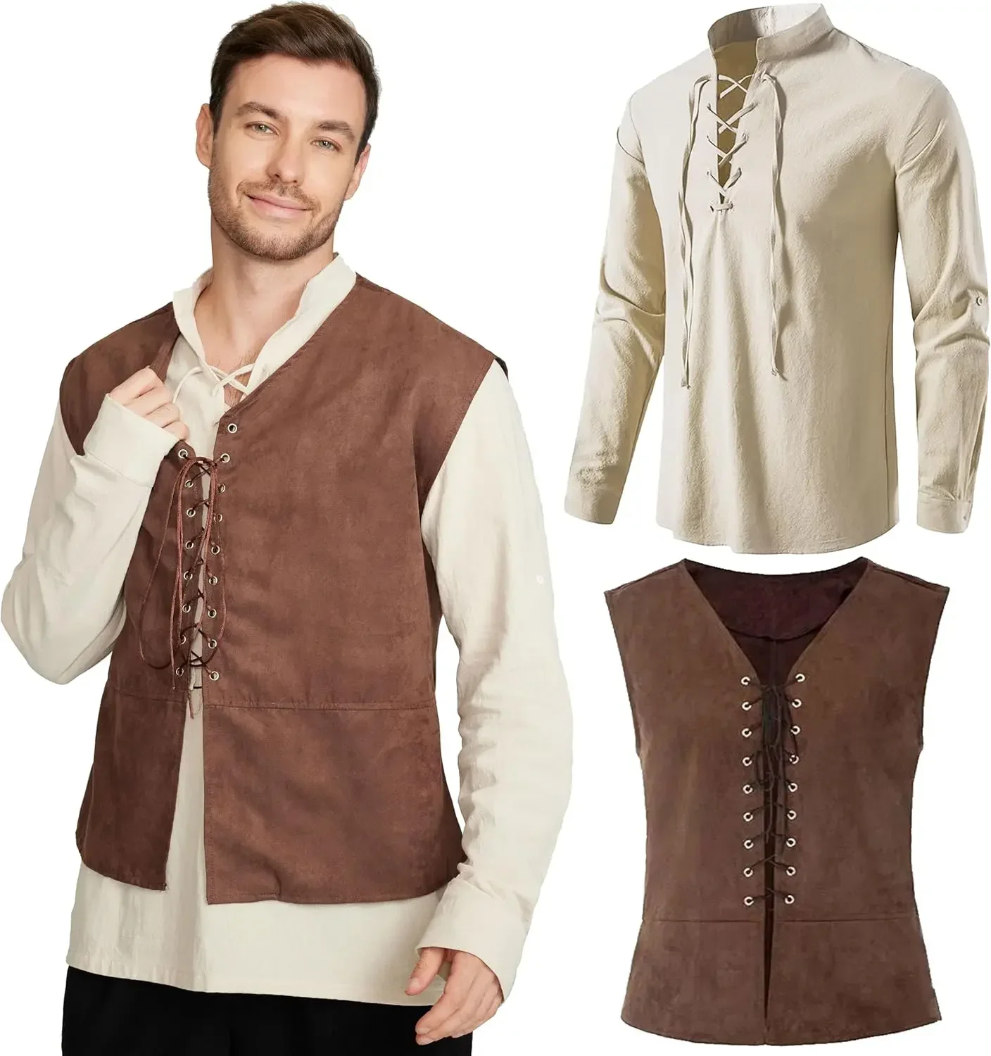Medieval Gothic Lace Up Pirate Shirt - 2피스 세트 남성용 중세 해적 조끼